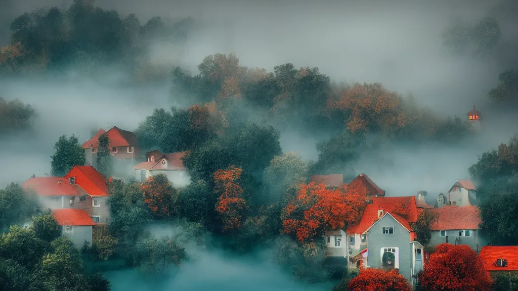 Image similar to village with beautiful houses in the fog on the lake, fog, volumetric lighting, mystique, atmospheric, conept art, teal and orange, sharp focus, ultra detailed, noir arthouse, 4 k, cinematic, 3 5 mm