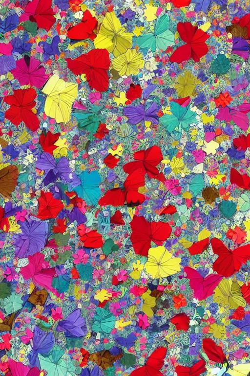 Image similar to detailed illustration, a confetti background, collage, may gibbs, layered composition, layers, texture, textured, layered, sculpted, dynamic, 🦋, 🎈,