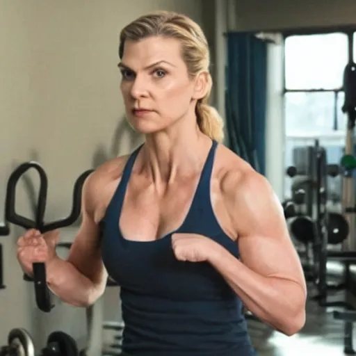 Prompt: muscular Kim Wexler working out in a jim, movie still, photorealistic