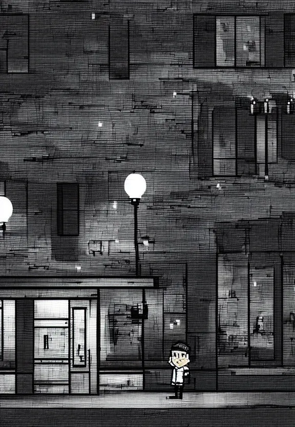 Image similar to little boy holding an umbrella in front of a bar at night, full moon, pixel art, black and white artwork