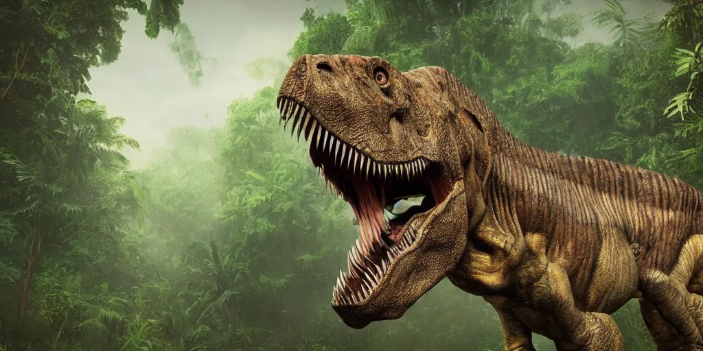 Image similar to photo realism, vary sad tyrannosaurus rex, background jungle, 4 k