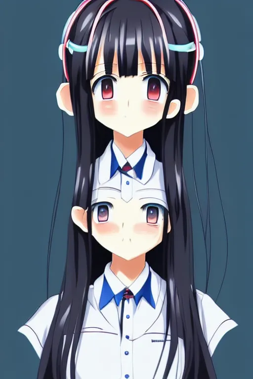 Prompt: full body anime portrait of a cute android girl round eyes long hair dressed in a school uniform inside the school, stunning, highly detailed, anatomically correct