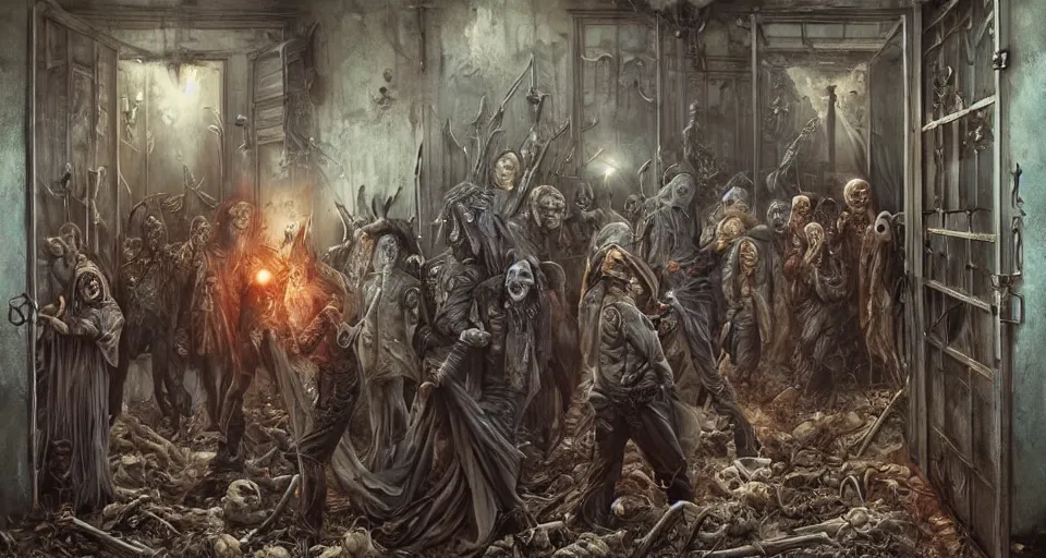 Image similar to A horrific sinister painting of souls of the dead queueing up outside a door in an abandoned warehouse by Tom Bagshaw, Dan Mumford, Dariusz Zawadzki, Todd McFarlane, and Erik Johansson.