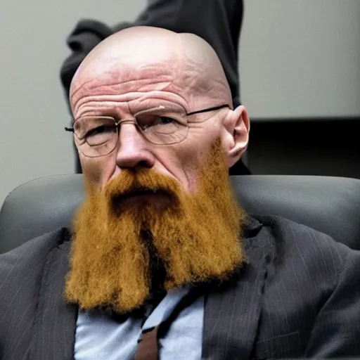 Image similar to walter white with a rough beard, wearing an oxygen mask, sitting in a wheelchair in a courtroom.