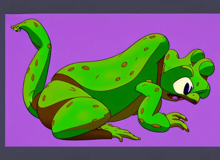 Image similar to a shaded animation cel of a sweet frog, realistic anatomy, in the style of don bluth, disney, dreamworks animation, filmation, toei animation, studio trigger, bruce timm, jack kirby, studio ghibli, 5 k, artstation trending