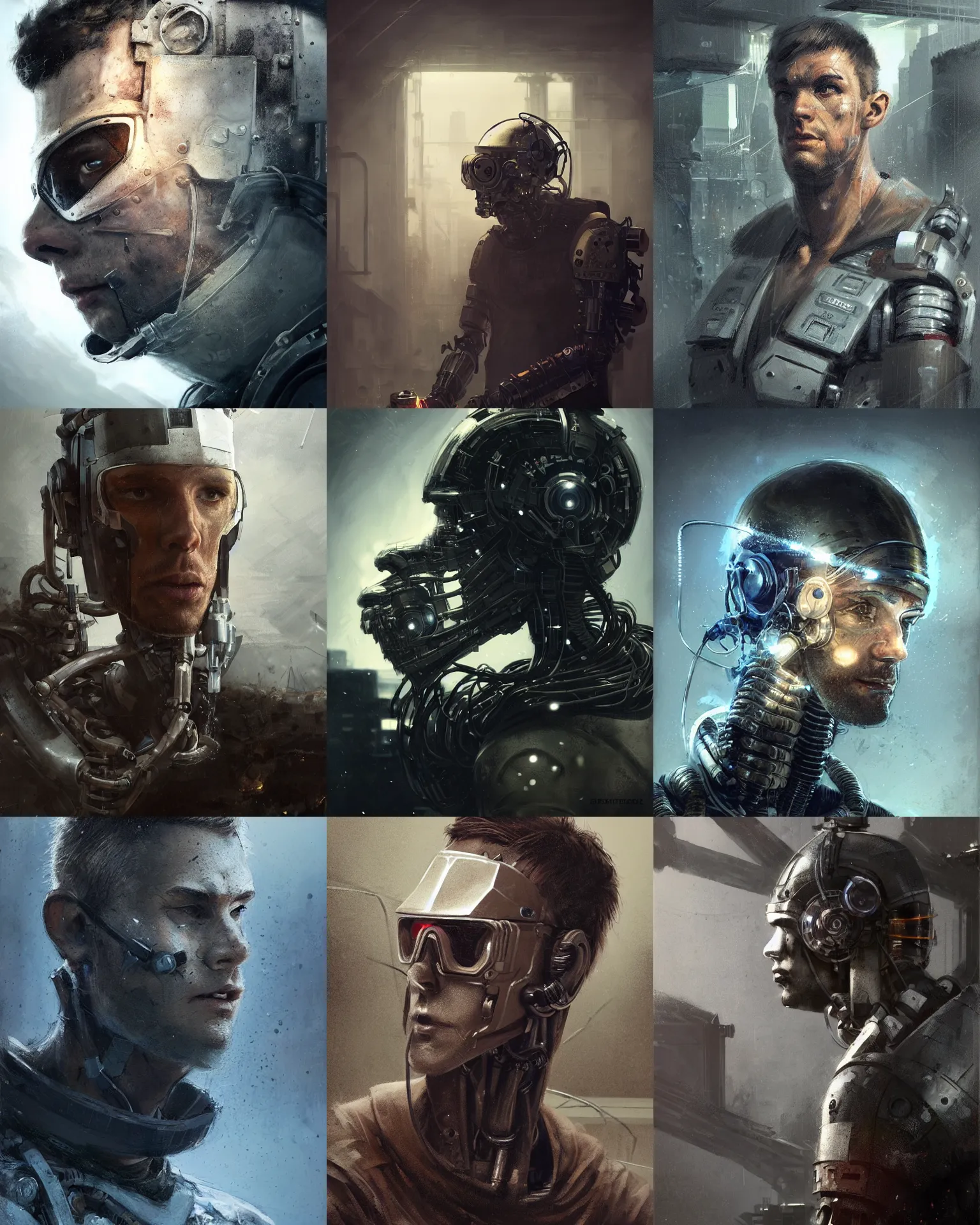 Image similar to a half - masked rugged young laboratory engineer man with cybernetic enhancements as seen from a distance, scifi character portrait by greg rutkowski, esuthio, craig mullins, 1 / 4 headshot, cinematic lighting, dystopian scifi gear, gloomy, profile picture, mechanical, half robot, implants, steampunk