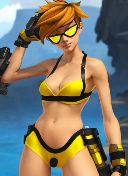 prompthunt: tracer game character, in yellow bikini, blonde hair