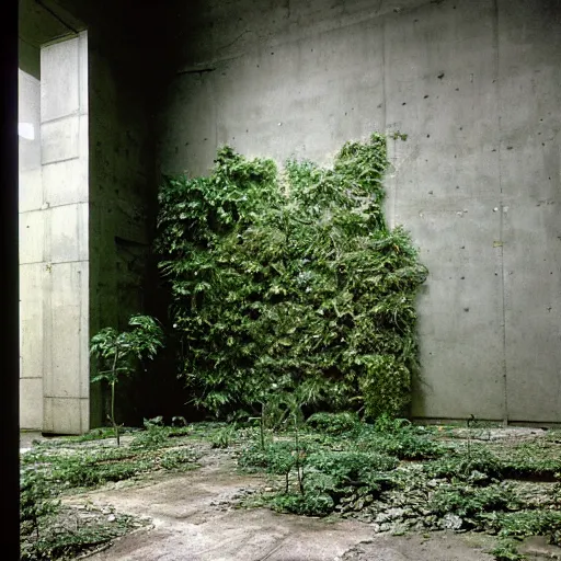 Image similar to an abandoned room in a concrete building, few overgrown plants, dreamy, overcast, by hans bellmer