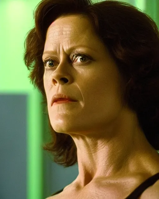 Prompt: sigourney weaver as the incredible hulk, face and shoulders focus, androgynous, strong features, striking, handsome, gender neutral, muscular, buff, dynamic lighting, ultra detailed