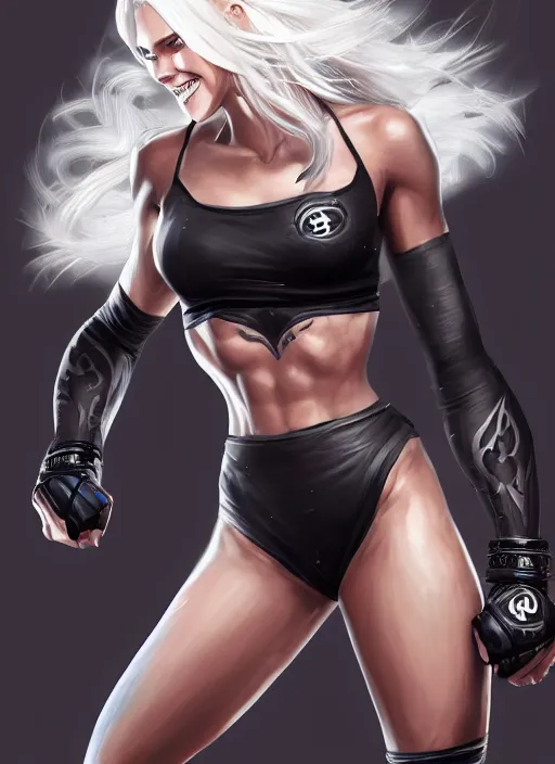 Image similar to a highly detailed illustration of fierce beautiful platinum blonde woman wearing black mma gear, dramatic smile pose, muscular, perfect face, perfect body, intricate, elegant, highly detailed, centered, digital painting, artstation, concept art, smooth, sharp focus, league of legends concept art, wlop