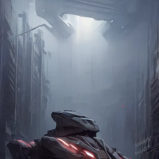 Image similar to concept art by greg rutkowski, a fifteen meter mecha in the shape of an hoplite, in a futuristic and brutalist environment, epic, uncanny atmosphere, low light, scary atmosphere, scifi, highly detailed portrait, digital painting, artstation, concept art, smooth, sharp foccus ilustration, artstation hq