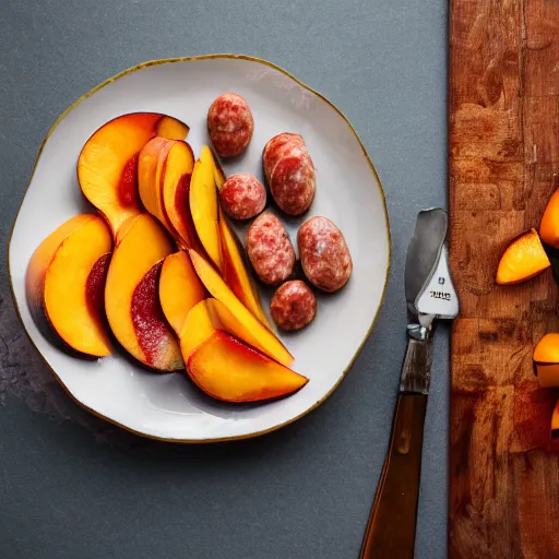 Prompt: a plate of breakfast foods containing sliced peaches and sausage linked, food photography, hyperdetailed