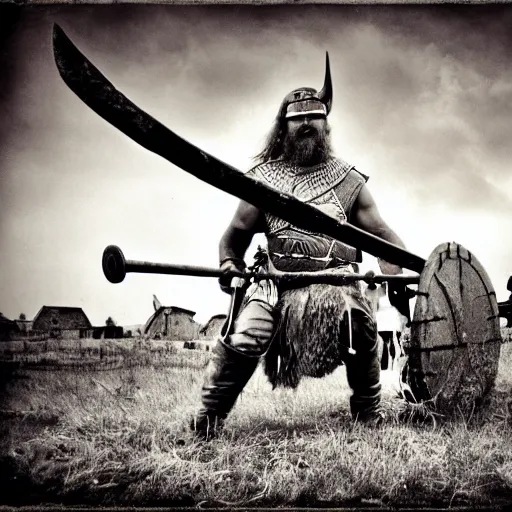 Image similar to viking in war armor working on the flying ancient device, tools and junk on the ground, old village in the distance, vintage old photo, black and white, sepia