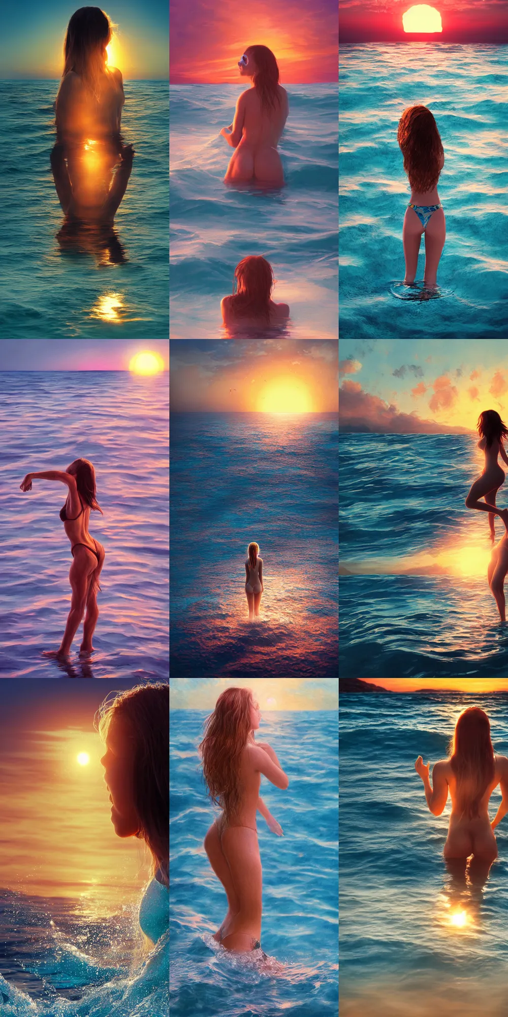 Prompt: a beautiful rendered picture of a girl from instagram in the ocean at sunset by Nick Silva, trending on artstation, 8k