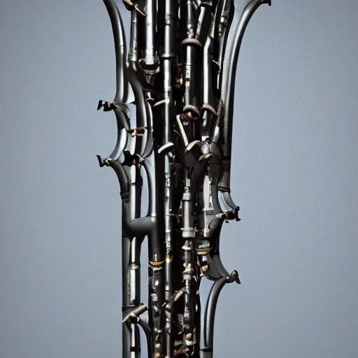 Image similar to wind instrument made from a vertical arrangement of glazed ceramic pipes in the shape of vocal tracts emerging from earth ejecting a pattern of cymatic jet streams of vapour , highly detailed , 8k , octane , frontal view