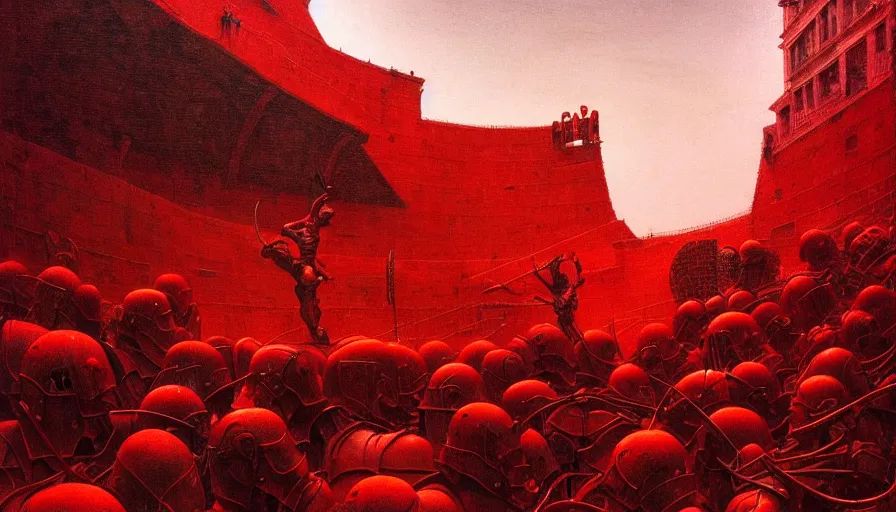 Image similar to only with red, a lightly armored gladiator in a crowded roman amphitheatre, crowd cheering, in the style of beksinski and edward hopper and rodcenko and yue minjun and cory loftis, intricate and epic composition, red by caravaggio, highly detailed, masterpiece, red light, artstation, art nouveau