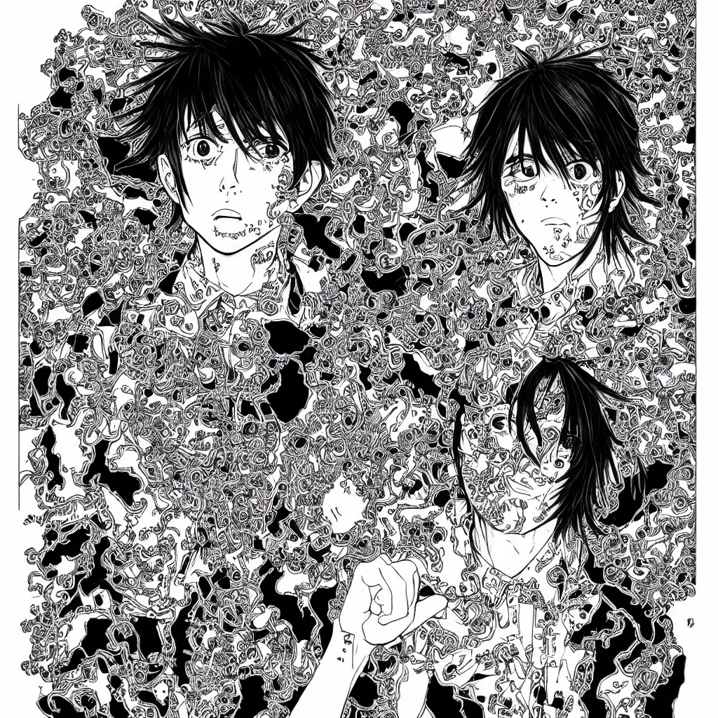 Prompt: manga portrait of Playboi Carti, big spirals, Japanese guro art, black and white and also red, highly-detailed, vibrant, weird, art by Shintaro Kago