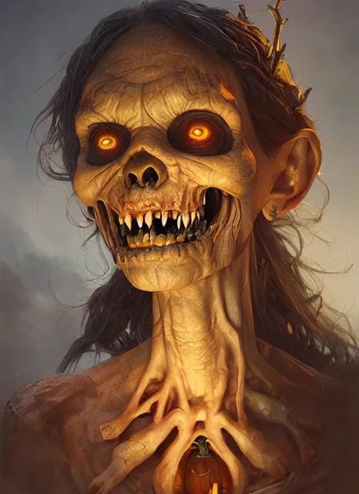 Image similar to highly detailed portrait of pumpkinhead, realistic, horror, fantasy art by greg rutkowski, stanley artgerm, loish, rhads, tom bagshaw, global illumination, radiant light, detailed and intricate environment