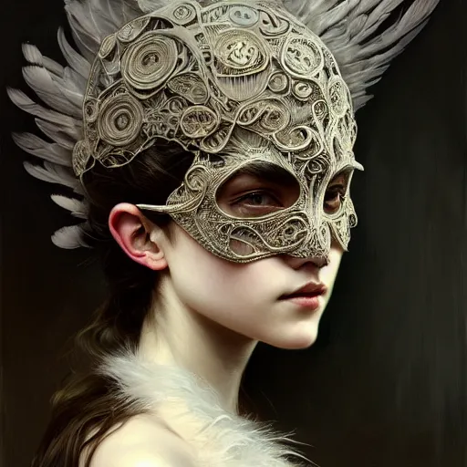 Prompt: Girl wearing an intricate mask made of feather and bone, face, detailed, intricate, elegant, highly detailed, digital painting, artstation, concept art, smooth, sharp focus, illustration, art by Krenz Cushart and Artem Demura and alphonse mucha