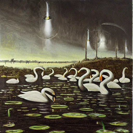 Image similar to painting hr giger tent in a landscape, swans in a pond, floral ornaments light beams night, tomas sanchez