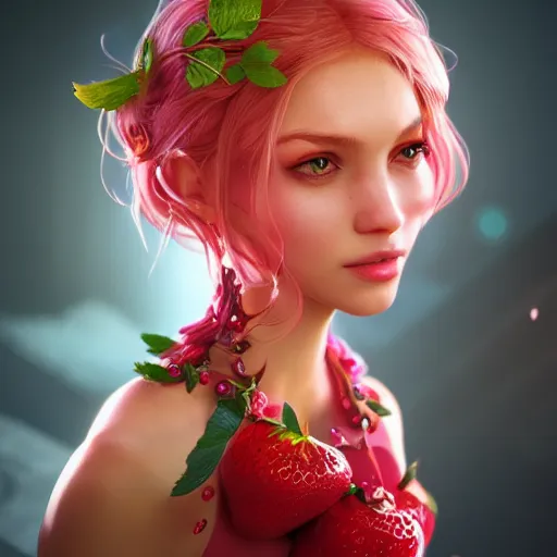 Prompt: the gorgeous princess of strawberries, unreal engine and octane render, volumetric lighting, symmetrical portrait, beautiful young woman, character concept art, trending on cgsociety, perfect composition, intricate, highly detailed, cinematic lighting