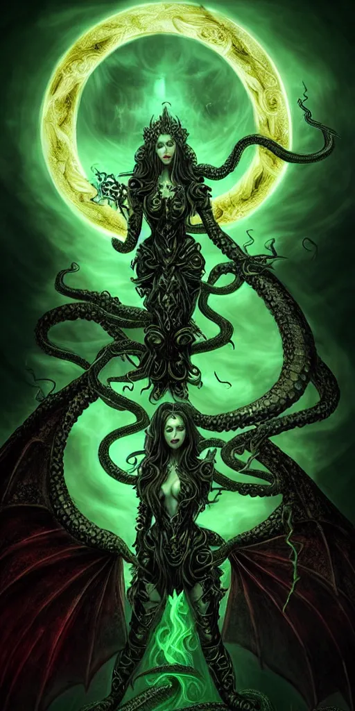Image similar to enchanting feminine cthulhu goddess with timeless beauty, breathtaking glowing eyes & huge dragon wings, dressed for battle in black leather and gold armour, a glowing green plasma sword in her hand, red moon rising in behind her with many tentacles protruding from the shadow to frame the image, 8k, biblical mana art, unbeatable coherency, highly intricate digital art, incomprehensible and perspicious detail, unbeatable quality, silent hill aesthetic, lifelike, DSLR, HDR, 8k, unbeatable coherency, HP Lovecraft, by Reivash & AyyaSAP on deviantart