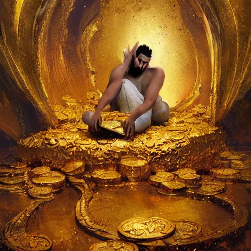 Prompt: djinn sleeping in a treasure chamber on piles of gold, oil painting, by greg rutkowski