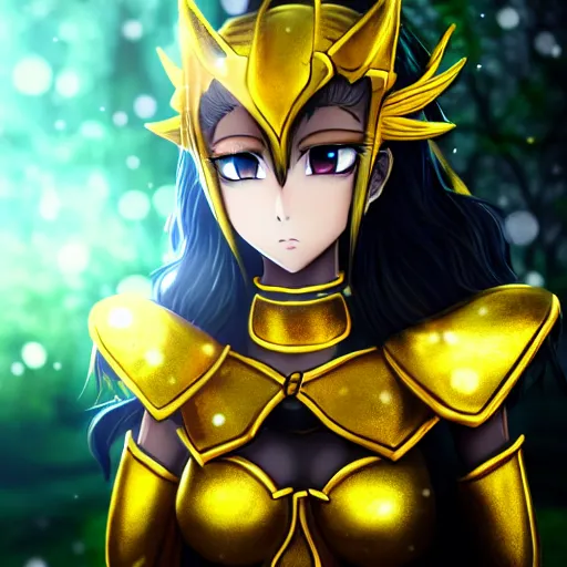 Image similar to focus face portrait of beautiful darkness knight 3D anime girl, golden armor wearing, dark forest background, snowing, bokeh, inspired by Masami Kurumada, digital painting, high contrast, unreal engine render, volumetric lighting, high détail