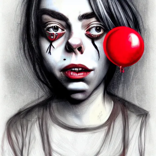 Image similar to surrealism grunge cartoon portrait sketch of billie eilish with a wide smile and a red balloon by - michael karcz, loony toons style, pennywise style, horror theme, detailed, elegant, intricate, trending on artstation, 4k