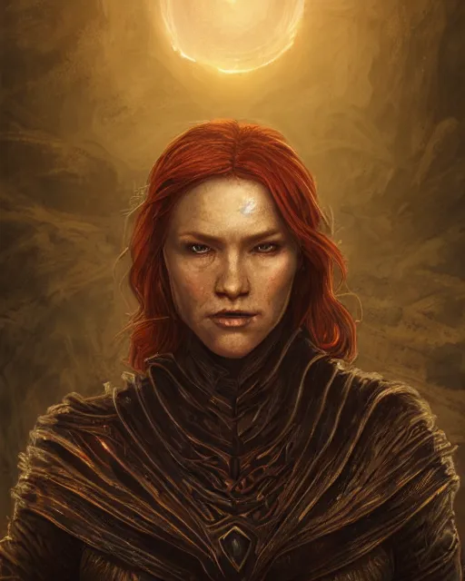 Image similar to the elder scrolls vi, charismatic hooded rugged female redhead breton battlemage portrait, illustration, rim light, top light, perfectly shaded, golden hour, epic, intricate, soft painting, by leesha hannigan, ross tran, thierry doizon, kai carpenter, ignacio fernandez rios