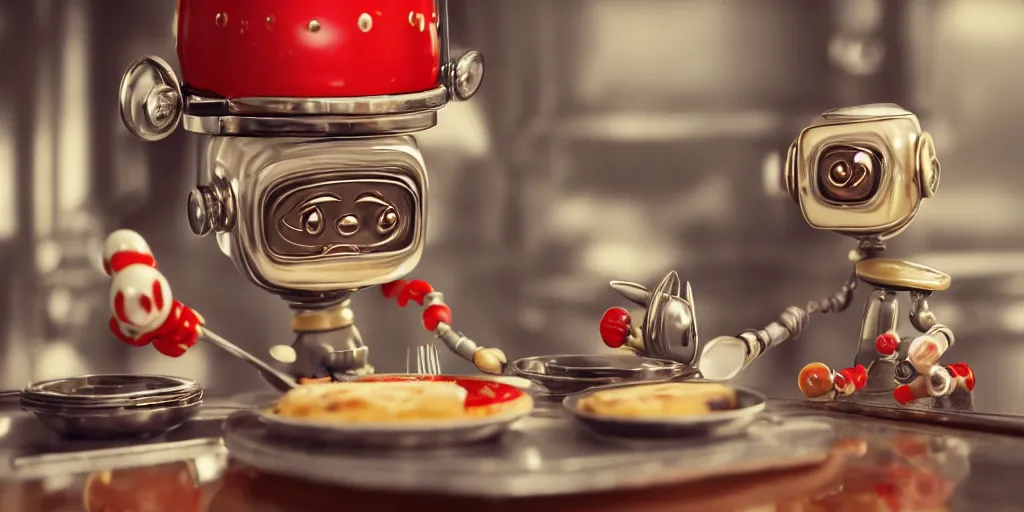 Image similar to closeup portrait of tin toy retro robot chef cooking pastry in a kitchen, depth of field, zeiss lens, detailed, centered, fashion photoshoot, by nicoletta ceccoli, mark ryden, lostfish, breathtaking, 8 k resolution, extremely detailed, beautiful, establishing shot, artistic, hyperrealistic, octane render