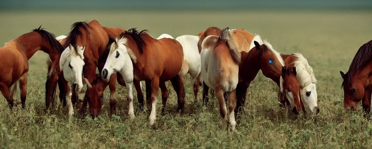 Prompt: wild horses eating spaghetti in a field, in the style of national geographic, canon 5 0 mm, film, kodachrome, retro, muted