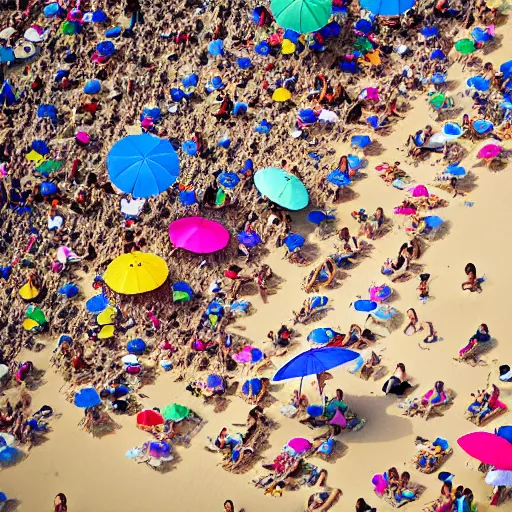 Image similar to photograph beachscapes from an almost perpendicular angle, Aerial view of sandy beach with umbrellas and sea, Aerial of a crowded sandy beach with colourful umbrellas, sun bathers and swimmers during summer, by Tommy Clarke