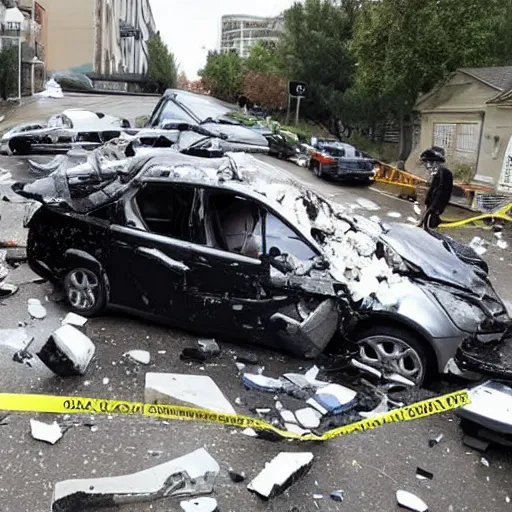 Prompt: an giant marble fall from sky and hit car , wrecked