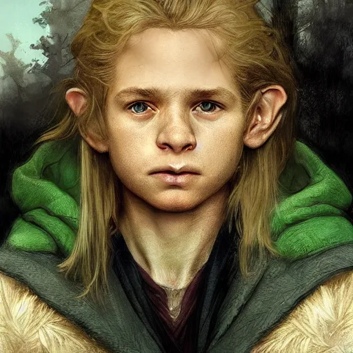 Image similar to portrait of a halfling boy, tired eyes, street rat, blonde hair, green eyes, wearing a dark cloak, intricate, elegant, highly detailed, my rendition, digital painting, artstation, concept art, smooth, sharp focus, illustration, art by artgerm, greg rutkowski and alphonse mucha and uang guangjian, gil elvgren, symmetry