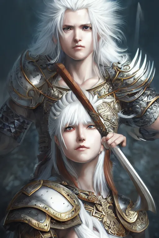 Image similar to A realistic anime portrait of a beautiful white haired female barbarian wearing an intricate viking armor, digital painting, by Stanley Artgerm Lau, Sakimichan, WLOP and Rossdraws, digital painting, painterly, Pixiv, Deviantart, golden ratio, rule of thirds, good composition, HD, 8k, award winning, promo art, splash art, rpg, jrpg, dungeons and dragons, DND, trending on ArtStation