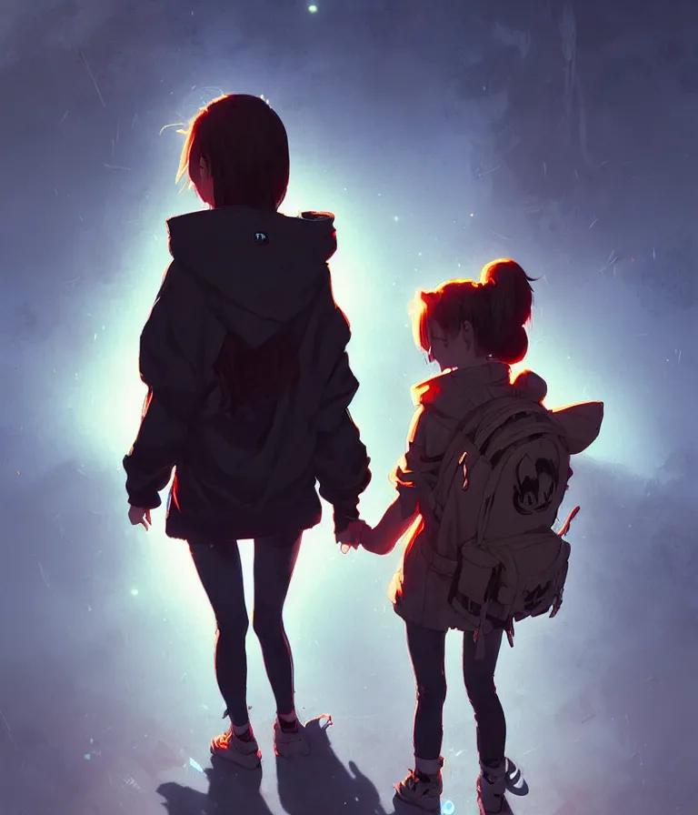 Prompt: brave young girl, wearing an oversized hoodie, backpack, holding hands with a demonic beast, apocalyptic setting, bokeh, sharp focus, character art, illustration, digital painting, trending on artstation, by masamune shirow, by greg rutkowski.