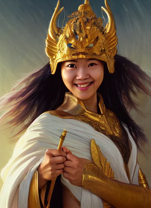 Image similar to Close-up portrait of smiling young asian woman wearing a winged helmet and a robe, holding a magic staff, portrait, highly detailed, digital painting, artstation, concept art, sharp focus, illustration, art by artgerm and greg rutkowski and alphonse mucha