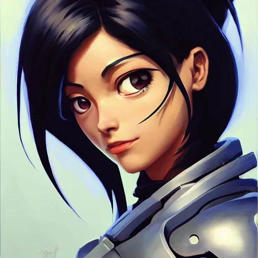 Image similar to greg manchess portrait painting of battle angel alita as overwatch character, totally whack, medium shot, asymmetrical, profile picture, organic painting, sunny day, matte painting, bold shapes, hard edges, street art, trending on artstation, by huang guangjian and gil elvgren and sachin teng