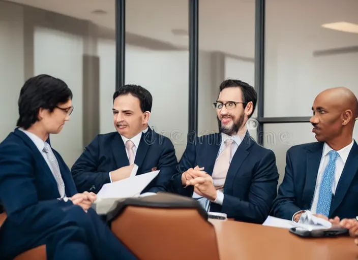 Image similar to photo of cats dressed in suits attending a board meeting. Highly detailed 8k. Intricate. Sony a7r iv 55mm. Stock photo.