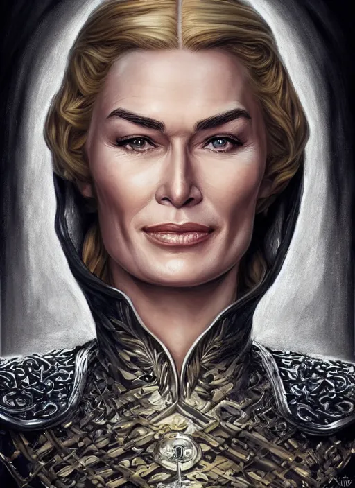 Image similar to cersei lannister by anne stokes and larry elmore, detailed matte painting, realistic portrait, symmetrical, highly detailed, digital painting, artstation, concept art, smooth, sharp focus, illustration, cinematic lighting, 8 k resolution