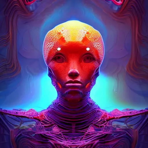 Image similar to Face of a Alien Deity, corals, circuitry, plume made of geometry, extremly detailed digital painting, sharp focus in the style of android jones, artwork of a futuristic artificial intelligence superstar, mystical colors, rim light, beautiful lighting, 8k, stunning scene, raytracing, octane, under water visual distortion, dark tones colors, trending on artstation