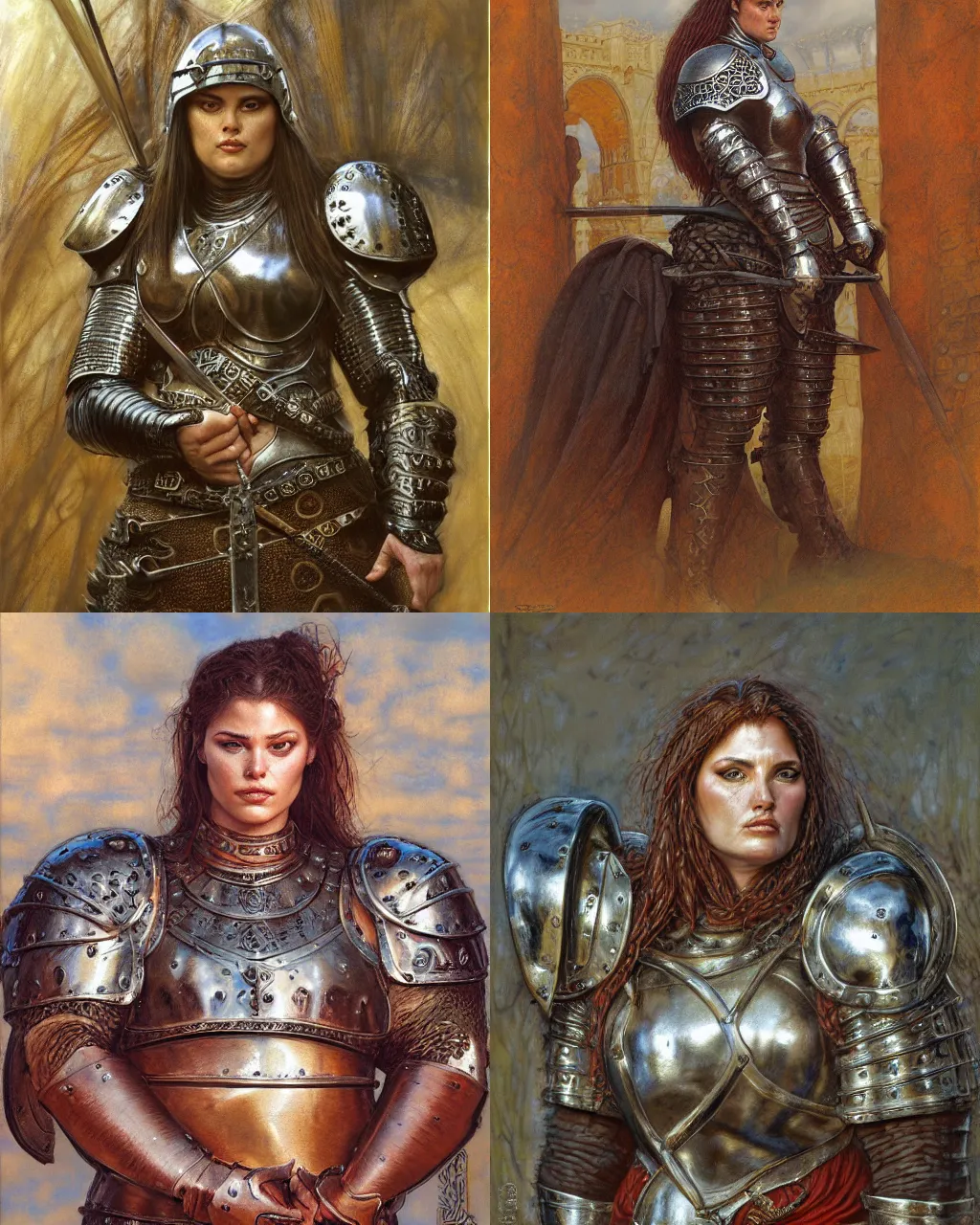 Prompt: portrait, big robust female medieval warrior wearing heavy dark iron breastplate, roman style, ultrarealistic, hyperdetailed, smooth, reflections, soft lighting, sharp focus, intricate, by donato giancola, brian froud, jeff easley