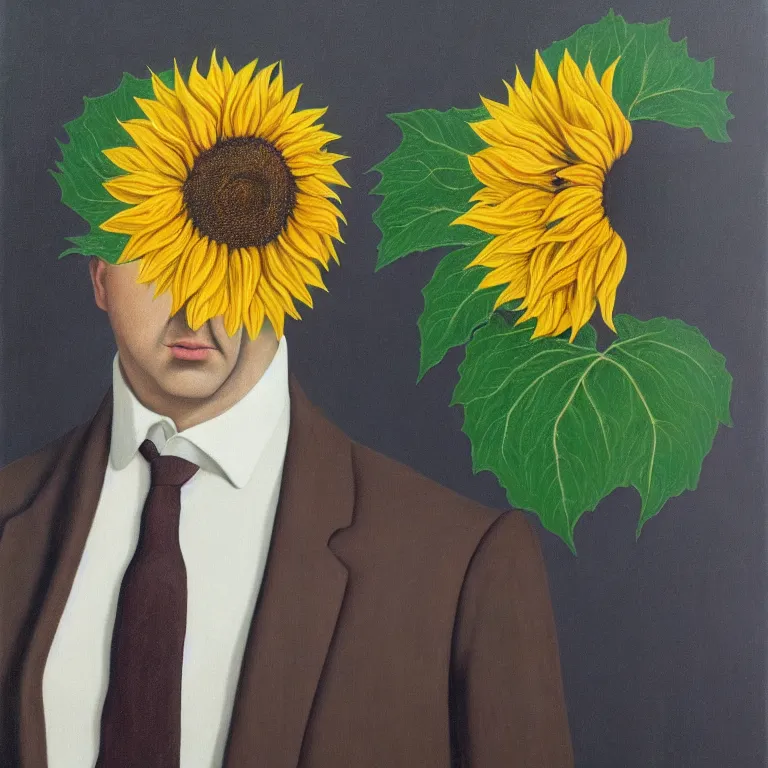 Image similar to portrait of a faceless sunflower - head man in a suit by rene magritte, detailed painting, distance, centered, hd, hq, high resolution, high detail, 4 k, 8 k