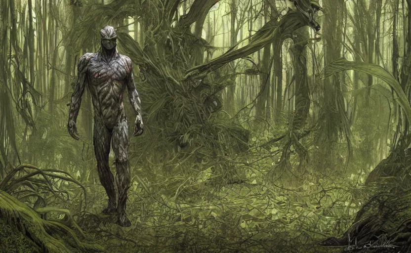 Image similar to digital painting of side view of swampthing walking in ovni crash site on swamp wasteland, extraterrestrial body parts on the floor, forest, moss, elegant artwork by lee bermejo and greg rutkowski and alphonse mucha