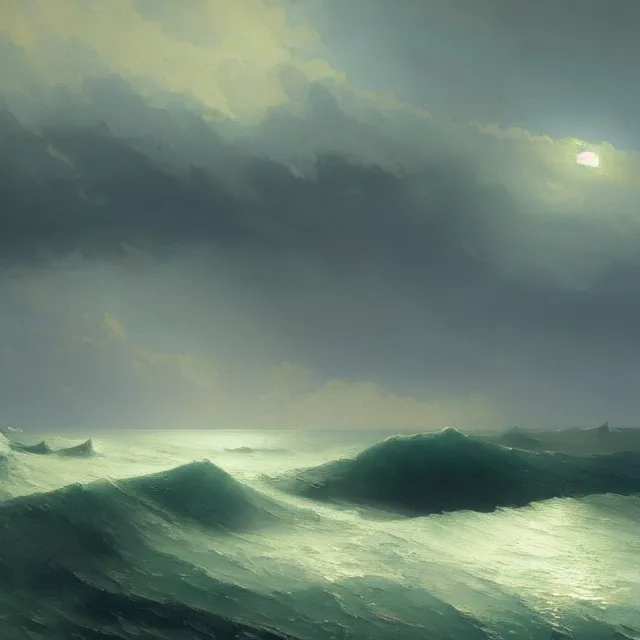 Image similar to a beautiful painting of the sea by ( ivan aivazovsky ) and sin jong hun and greg rutkowski and george varodi and alec tucker. in style of concept art. 4 k texture. ray tracing. sharp lines, hyper detailed. octane render. trending on artstation