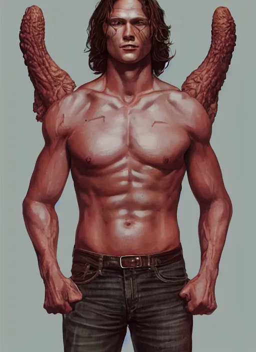 Image similar to Portrait of Sam Winchester, intricate upper body, whole body, highly detailed, digital painting, artstation, concept art, smooth, sharp focus, illustration, art by Hajime Sorayama