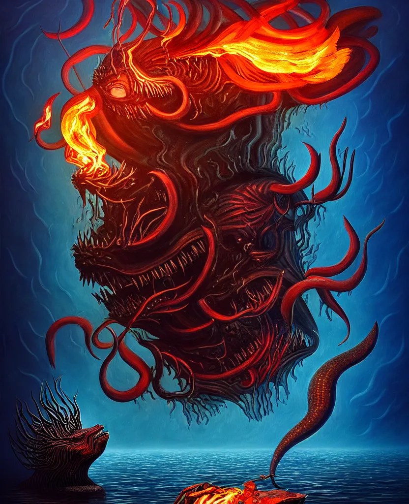 Image similar to mysterious bestiary of wild emotion monsters repressed in the deep sea of unconscious of the psyche lead by baba yaga, about to rip through and escape in a extraordinary revolution, dramatic fire glow lighting, surreal painting by ronny khalil