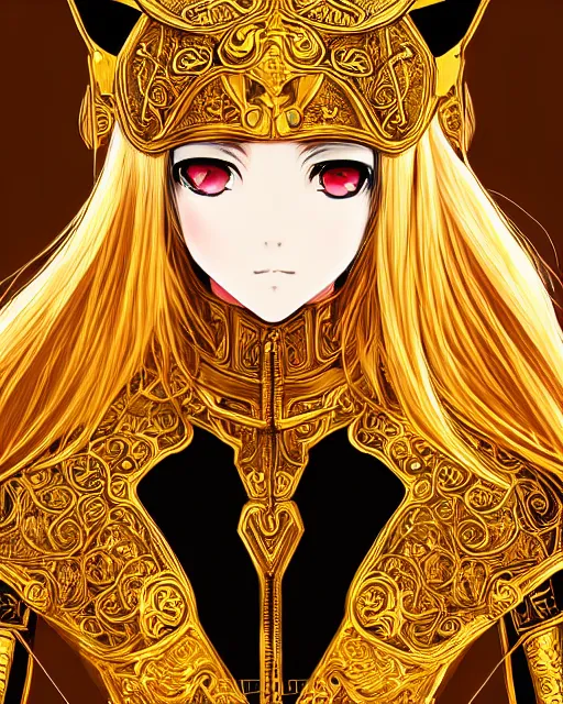 Image similar to anime style portrait of woman in shining golden armor, high production value, intricate details, high resolution, hdr, high definition, masterpiece, realistic, ultrarealistic, highly detailed, hd, sharp focus, non blurry, sharp, smooth