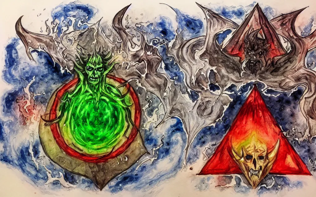 Image similar to a rough water color of the 7 layers of hell, doomsday, satan, pentagram, detailed, busy, hectic